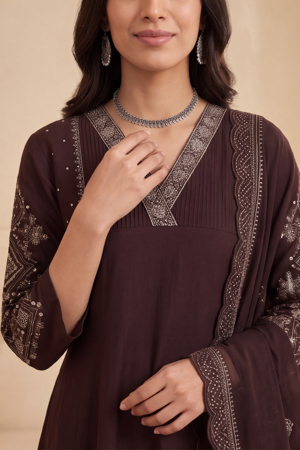 Espresso Brown Silk Blend Anarkali Kurti Set with Embroidered Yoke &amp; Dupatta