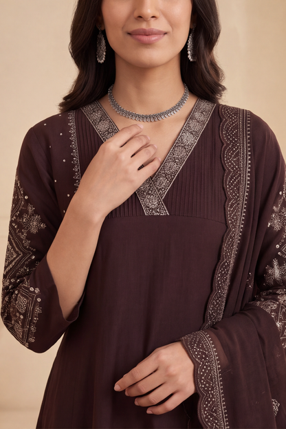 Espresso Brown Silk Blend Anarkali Kurti Set with Embroidered Yoke &amp; Dupatta