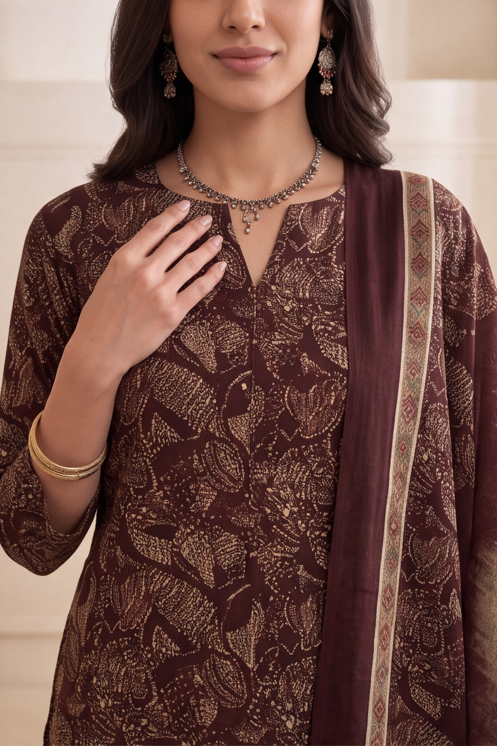 Coffee Brown Floral Block Print Cotton Kurti Set with Matching Dupatta