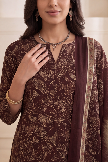 Coffee Brown Floral Block Print Cotton Kurti Set with Matching Dupatta