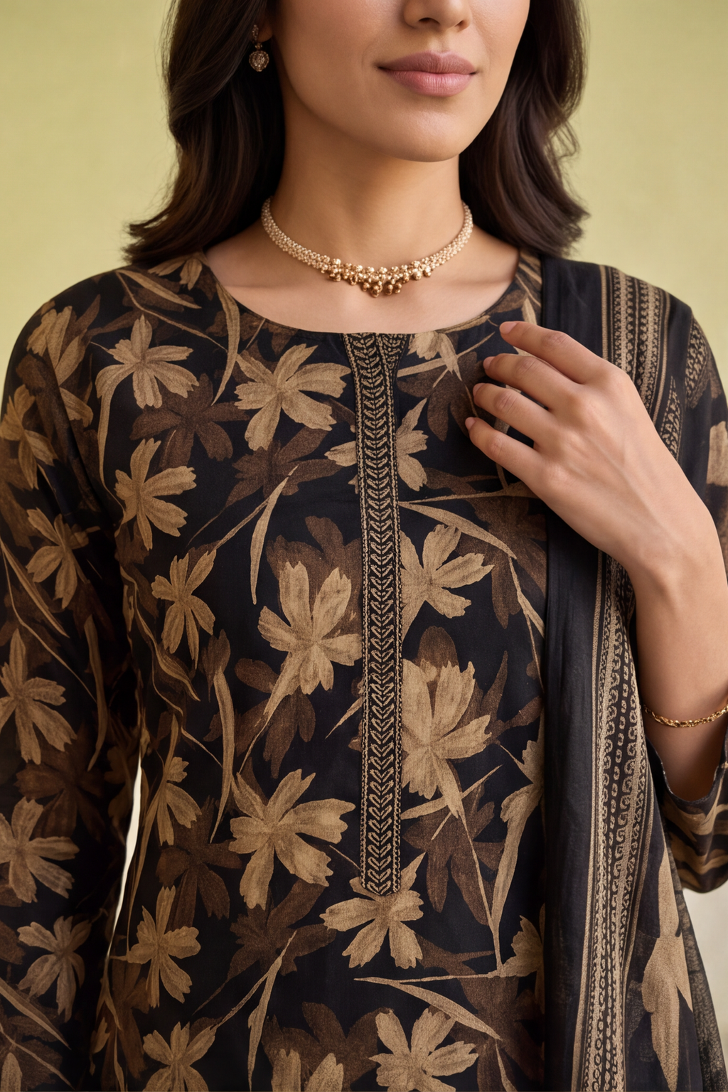 Black Gold Floral Printed Cotton Kurti Set with Striped Trousers & Dupatta