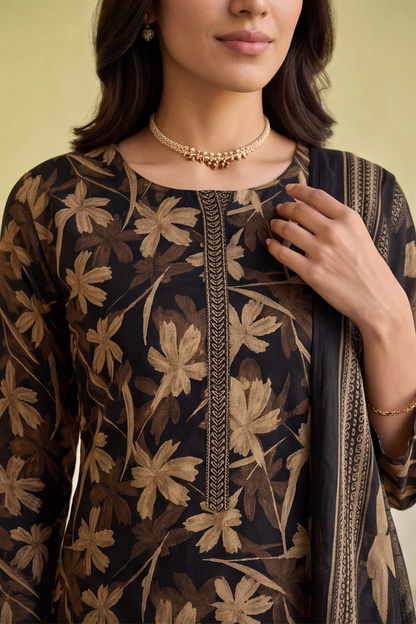 Black Gold Floral Printed Cotton Kurti Set with Striped Trousers & Dupatta