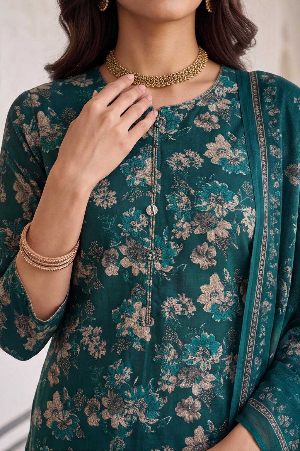 Teal Green Floral Printed Cotton Kurti Set with Matching Dupatta
