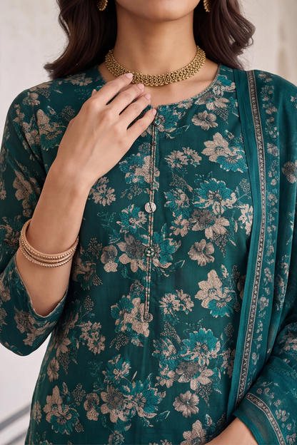 Teal Green Floral Printed Cotton Kurti Set with Matching Dupatta