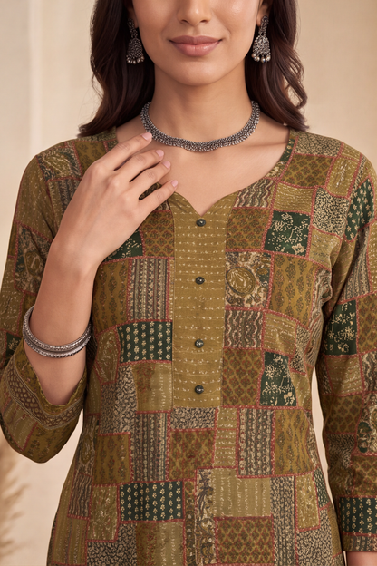 Olive Green Patchwork Print Cotton Kurti Set with Matching Dupatta