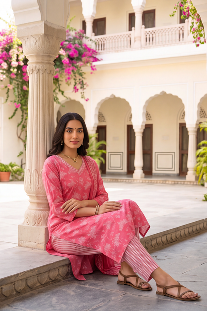 Rani Pink Floral Printed Cotton Kurti Set with Matching Dupatta