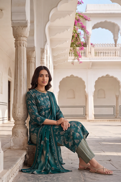 Teal Green Floral Printed Cotton Kurti Set with Matching Dupatta