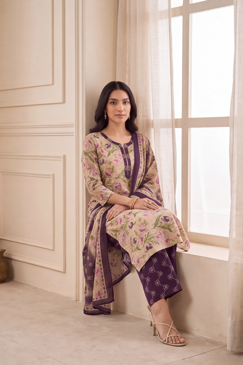 Beige and Purple Floral Printed Cotton Kurti Set with Printed Trousers Dupatta