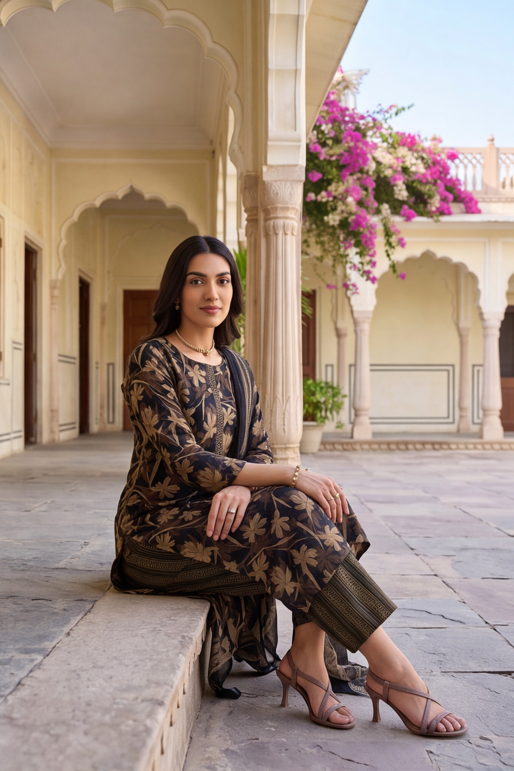 Black Gold Floral Printed Cotton Kurti Set with Striped Trousers & Dupatta