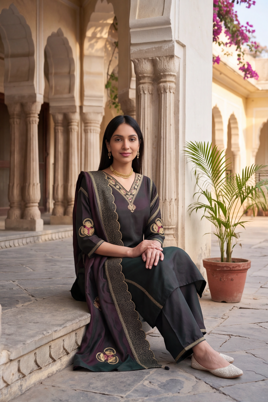 Two-Tone Deep Emerald & Charcoal Oxford Silk Kurti Palazzo Set with Scalloped Dupatta