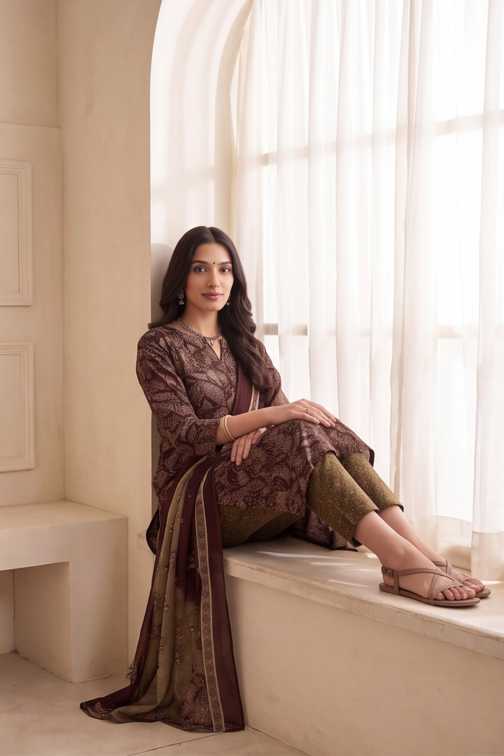 Coffee Brown Floral Block Print Cotton Kurti Set with Matching Dupatta