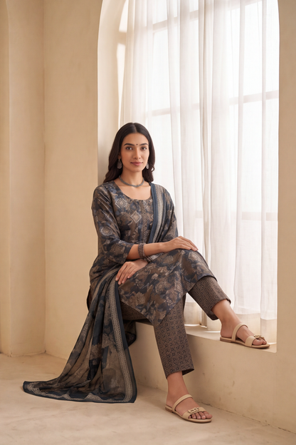 Slate Blue & Charcoal Abstract Geometric Print Cotton Kurti Set with Dupatta