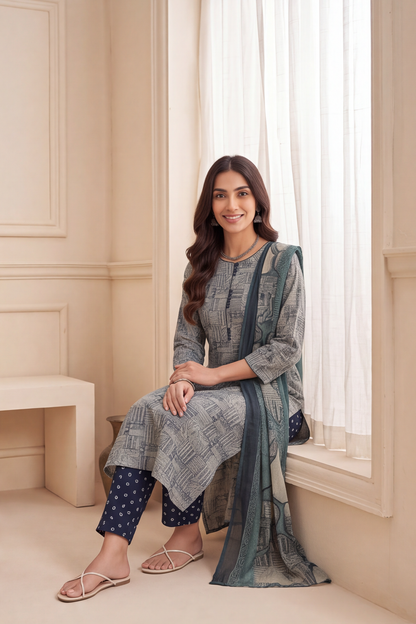 Sea Green Geometric Printed Cotton Kurti Set with Navy Blue Bandhani Pants &amp; Dupatta