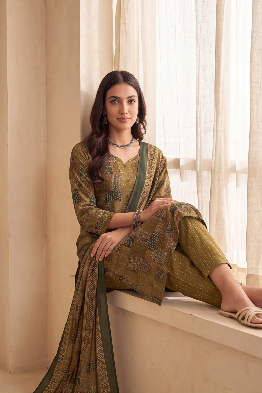 Olive Green Patchwork Print Cotton Kurti Set with Matching Dupatta
