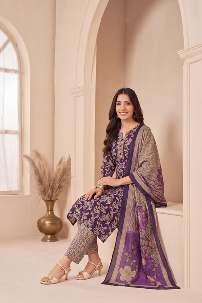 Deep Violet Floral Printed Cotton Kurti Set with Beige Textured Pants &amp; Floral Dupatta
