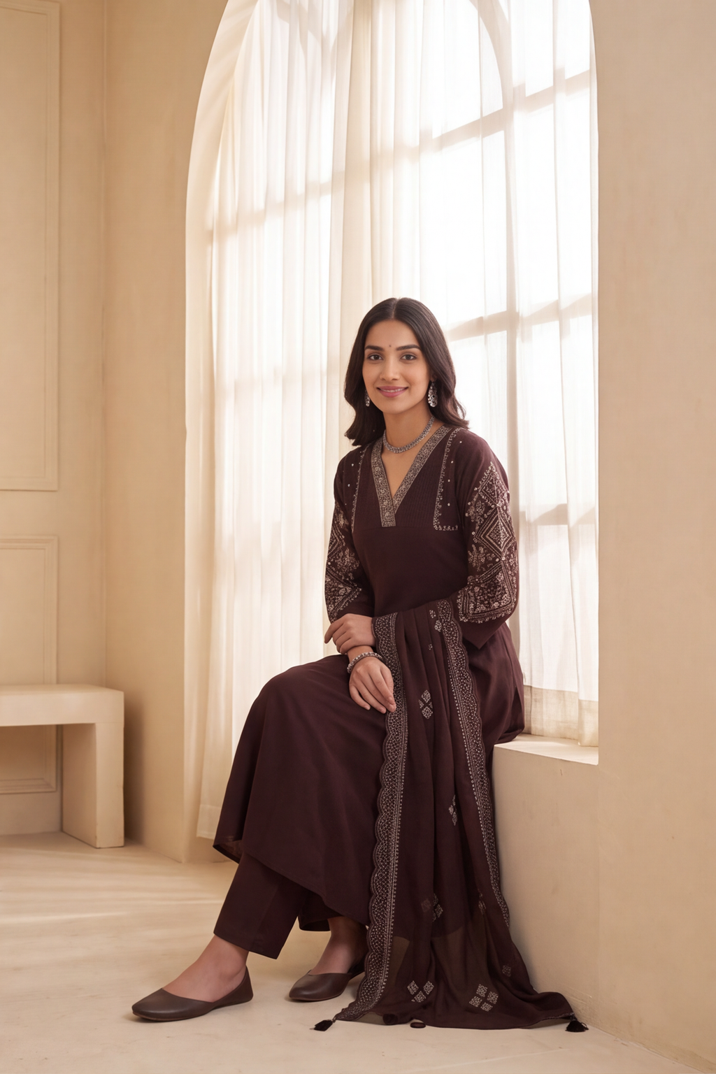 Espresso Brown Silk Blend Anarkali Kurti Set with Embroidered Yoke &amp; Dupatta