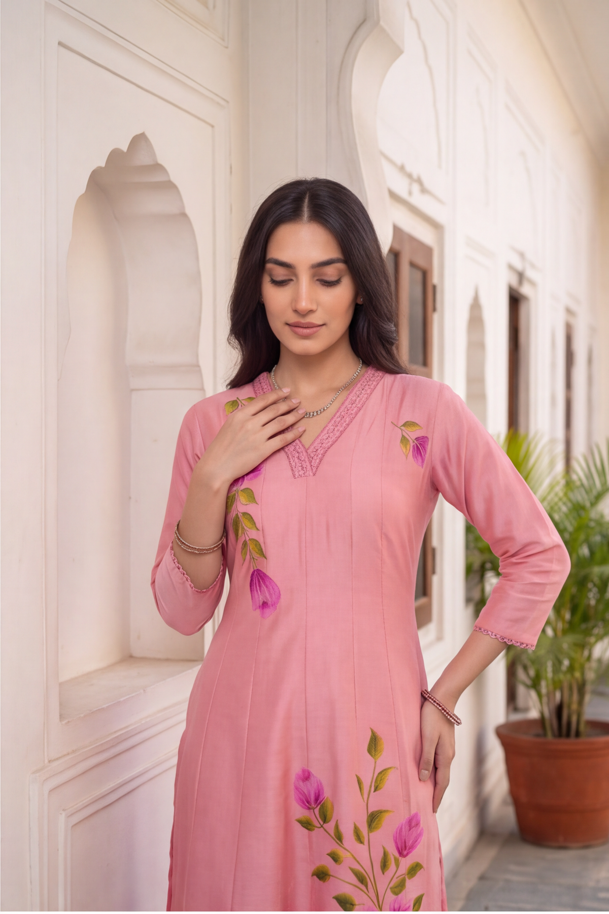 Blush Pink Hand-Painted Floral Silk Blend Kurti Set with Dupatta