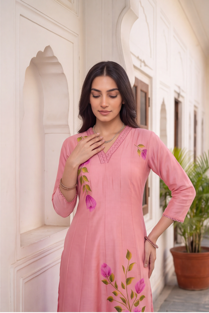 Blush Pink Hand-Painted Floral Silk Blend Kurti Set with Dupatta