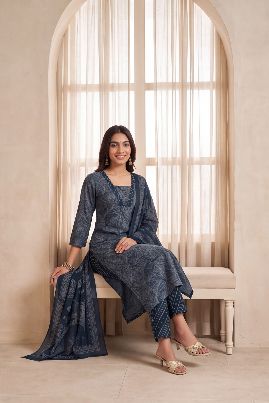 Indigo Blue Botanical Print Cotton Kurti Set with Bandhani Trousers &amp; Dupatta