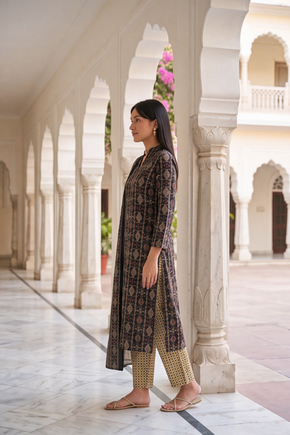 Charcoal Black Ajrakh Print Cotton Kurti Set with Beige Printed Pants &amp; Dupatta
