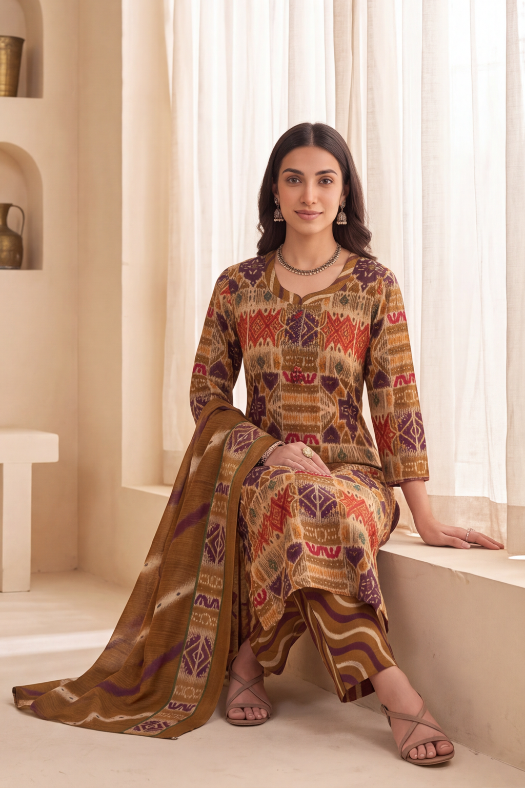 Mustard Ochre Ikat Geometric Print Cotton Kurti Set with Wave Printed Trousers &amp; Dupatta
