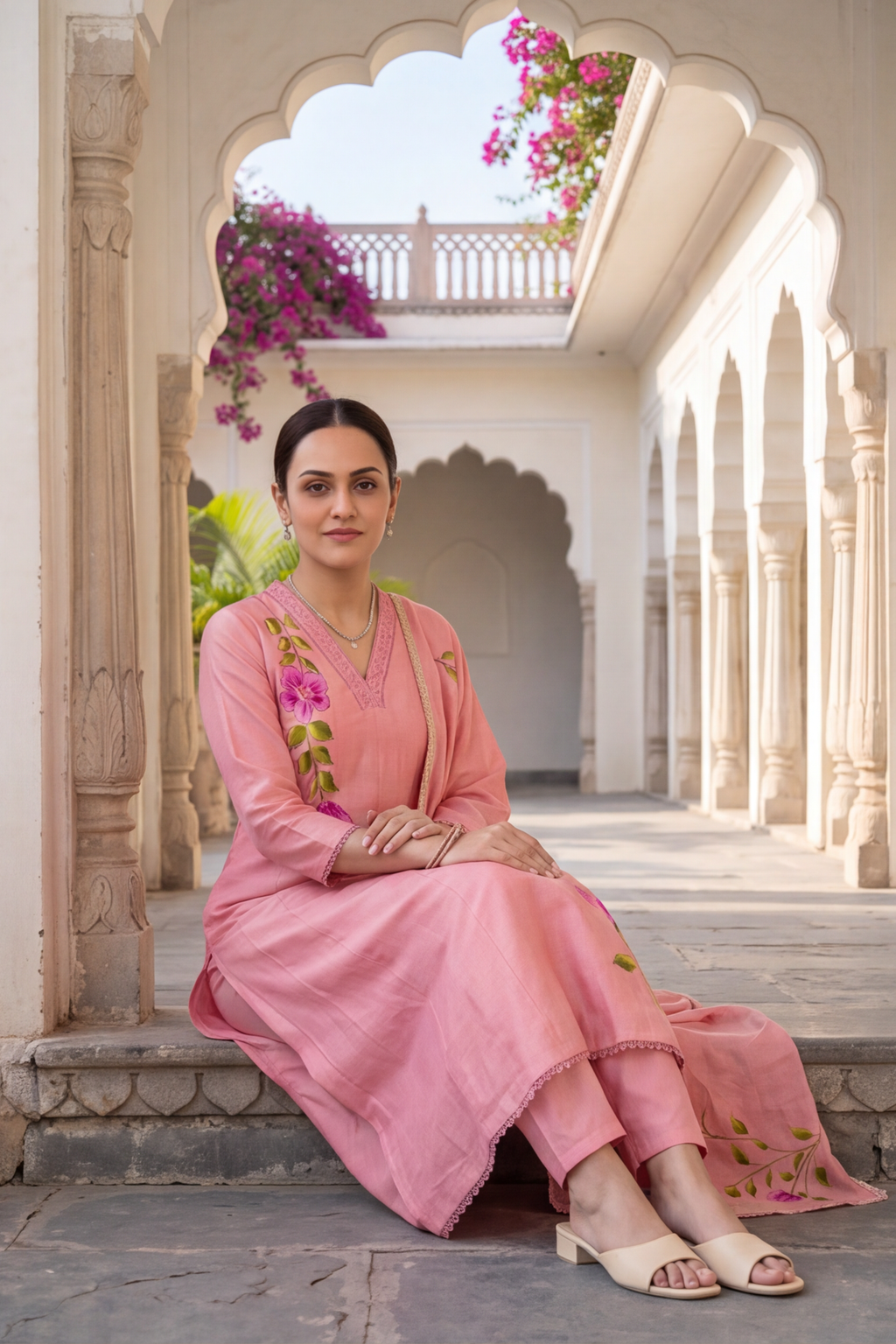 Blush Pink Hand-Painted Floral Cotton Anarkali Kurti Set with Dupatta