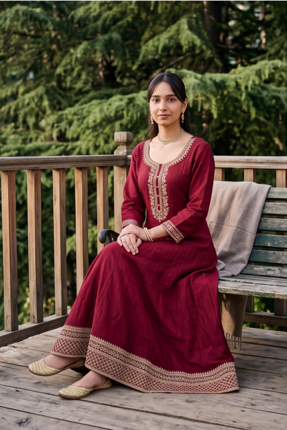 Maroon Embroidered Rayon-Cotton Anarkali Gown