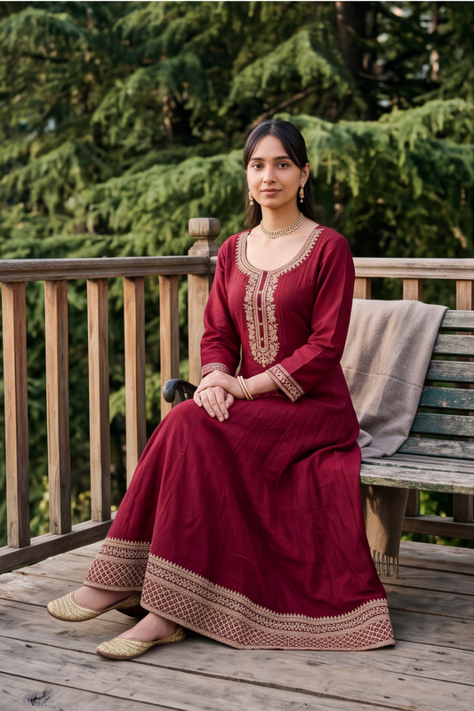 Maroon Embroidered Rayon-Cotton Anarkali Gown