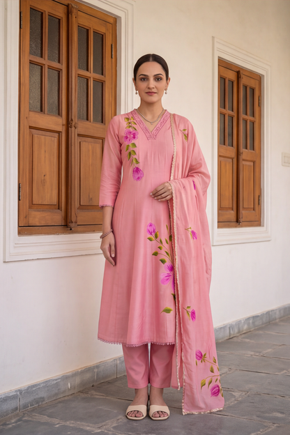 Blush Pink Hand-Painted Floral Cotton Anarkali Kurti Set with Dupatta