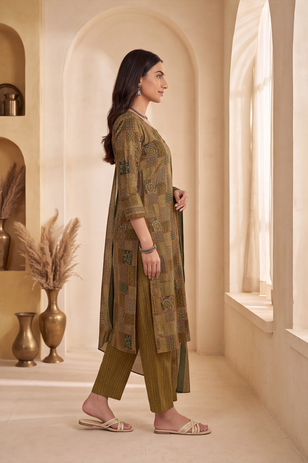 Olive Green Patchwork Print Cotton Kurti Set with Matching Dupatta