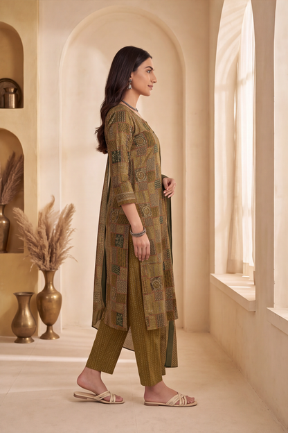 Olive Green Patchwork Print Cotton Kurti Set with Matching Dupatta