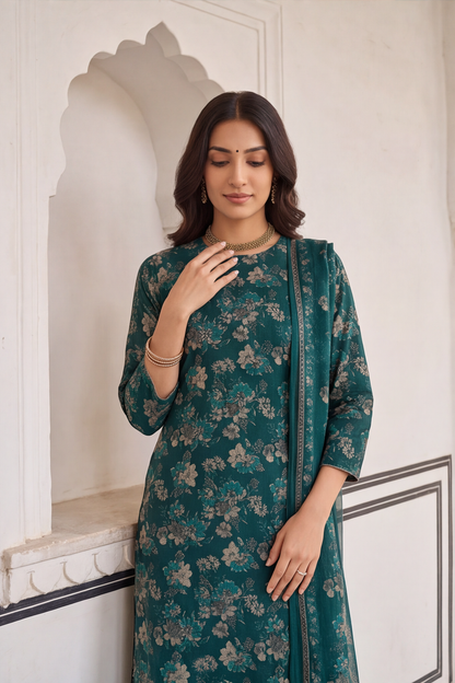 Teal Green Floral Printed Cotton Kurti Set with Matching Dupatta