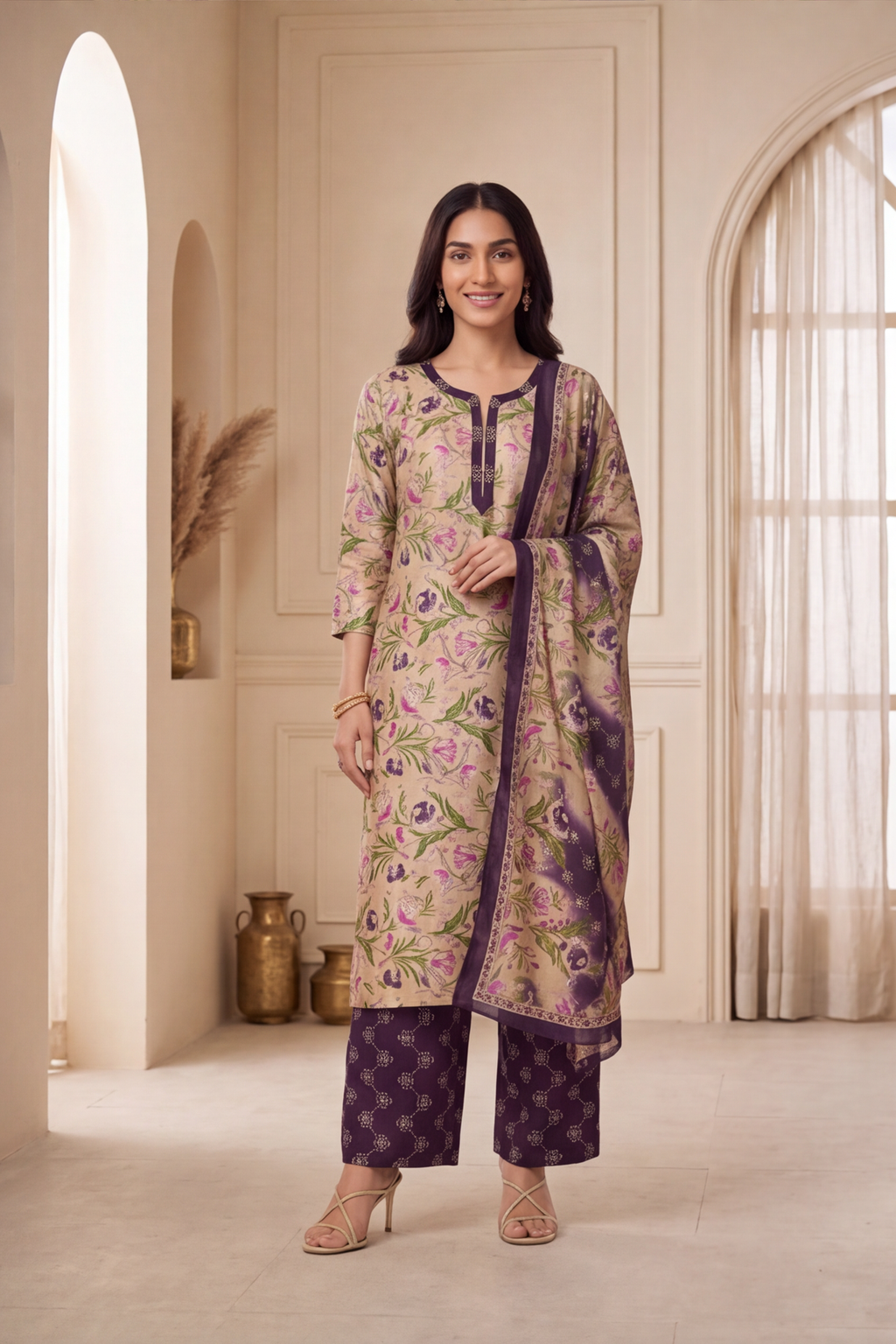 Beige and Purple Floral Printed Cotton Kurti Set with Printed Trousers Dupatta