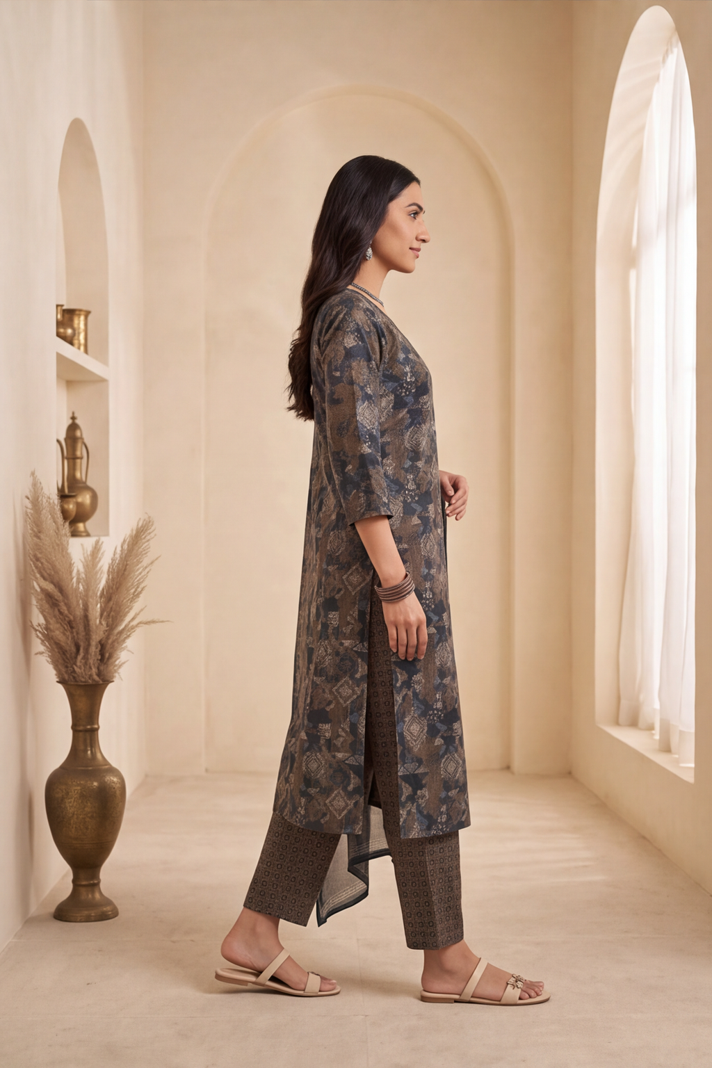 Slate Blue & Charcoal Abstract Geometric Print Cotton Kurti Set with Dupatta