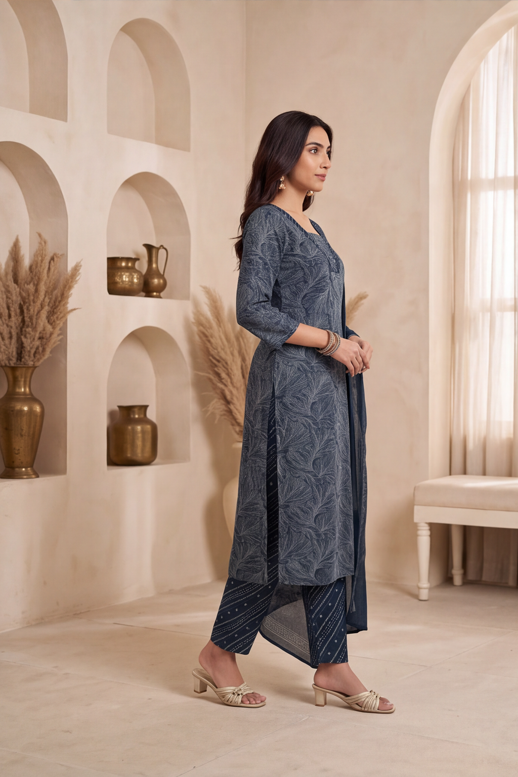 Indigo Blue Botanical Print Cotton Kurti Set with Bandhani Trousers &amp; Dupatta