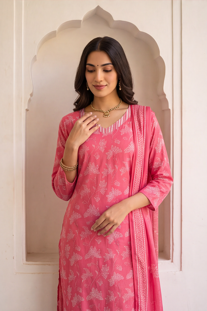 Rani Pink Floral Printed Cotton Kurti Set with Matching Dupatta
