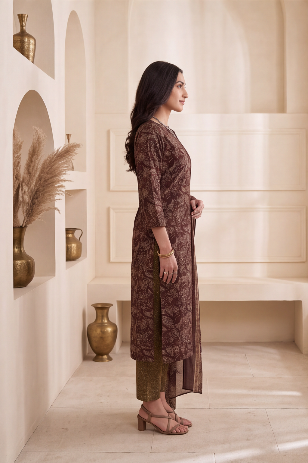 Coffee Brown Floral Block Print Cotton Kurti Set with Matching Dupatta