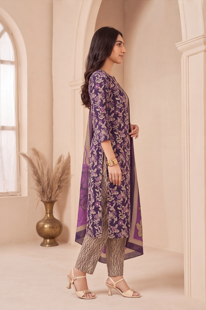 Deep Violet Floral Printed Cotton Kurti Set with Beige Textured Pants &amp; Floral Dupatta