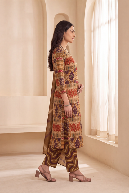 Mustard Ochre Ikat Geometric Print Cotton Kurti Set with Wave Printed Trousers &amp; Dupatta