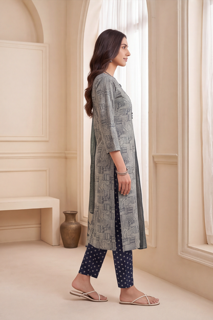 Sea Green Geometric Printed Cotton Kurti Set with Navy Blue Bandhani Pants &amp; Dupatta