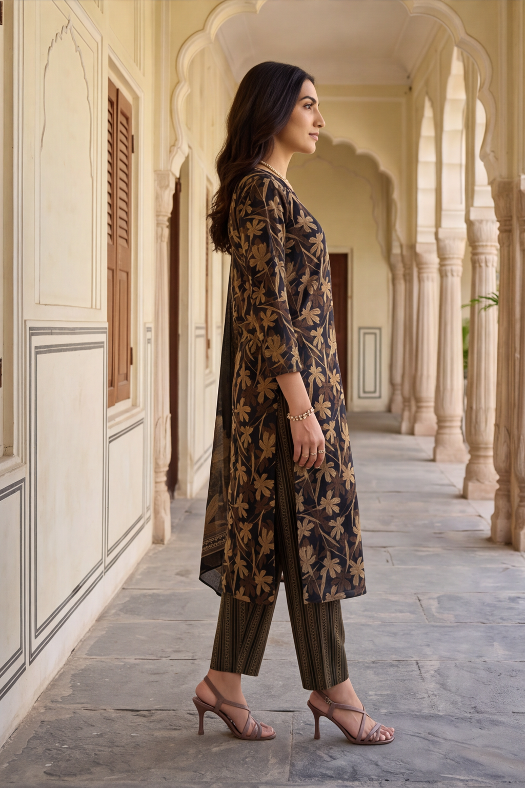 Black Gold Floral Printed Cotton Kurti Set with Striped Trousers & Dupatta