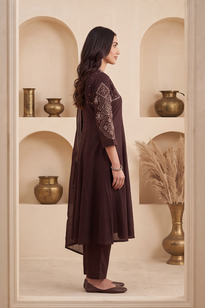 Espresso Brown Silk Blend Anarkali Kurti Set with Embroidered Yoke &amp; Dupatta