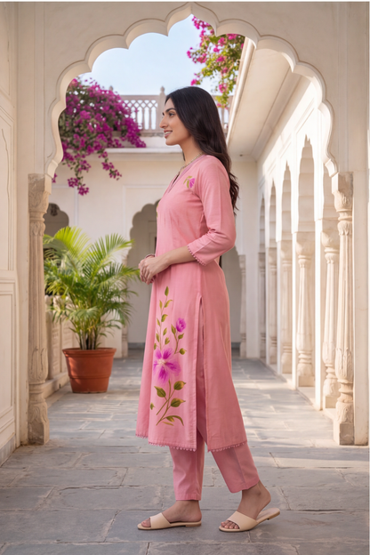 Blush Pink Hand-Painted Floral Silk Blend Kurti Set with Dupatta
