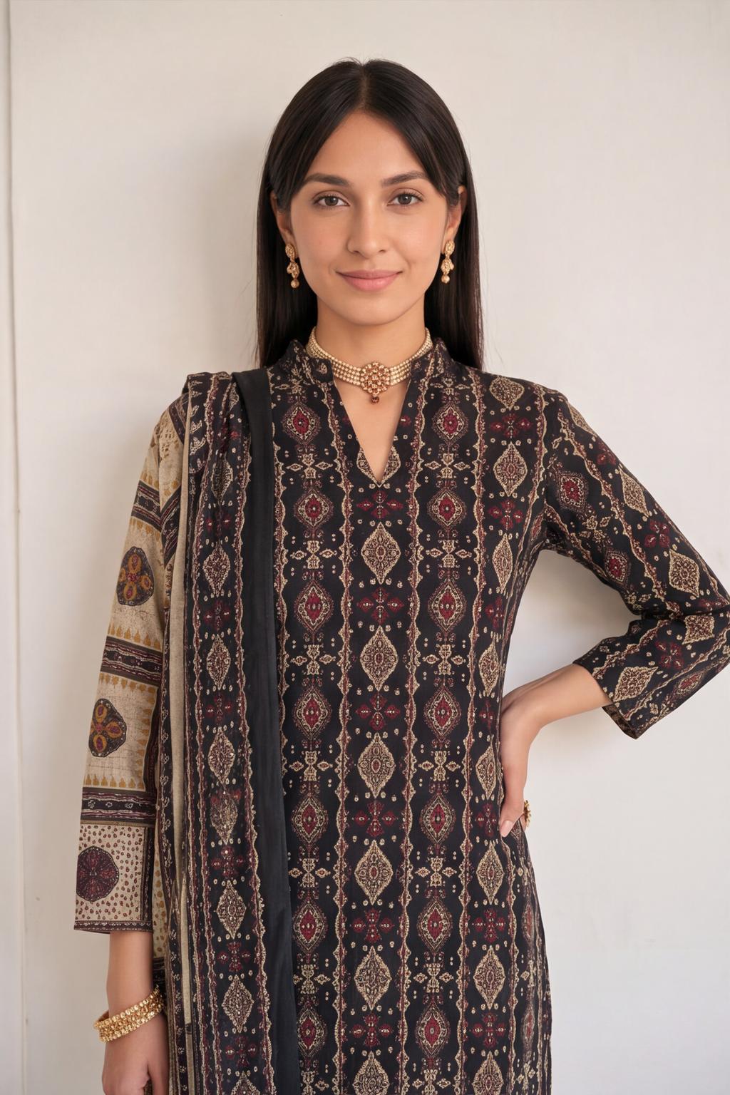 Charcoal Black Ajrakh Print Cotton Kurti Set with Beige Printed Pants &amp; Dupatta