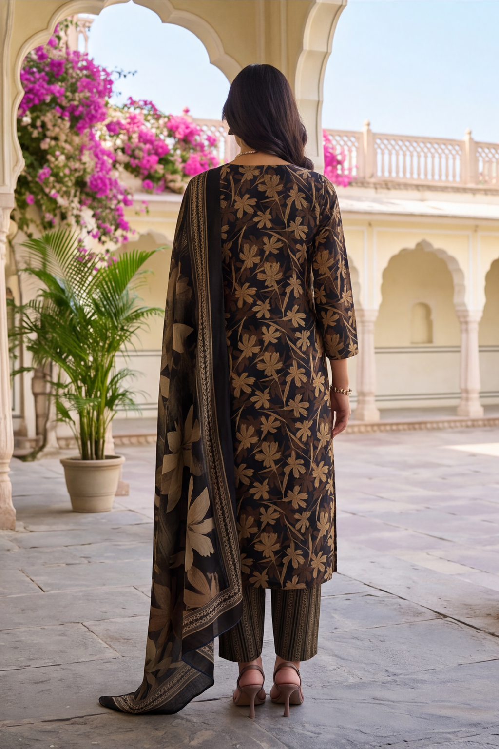 Black Gold Floral Printed Cotton Kurti Set with Striped Trousers & Dupatta