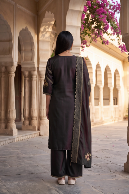 Two-Tone Deep Emerald & Charcoal Oxford Silk Kurti Palazzo Set with Scalloped Dupatta
