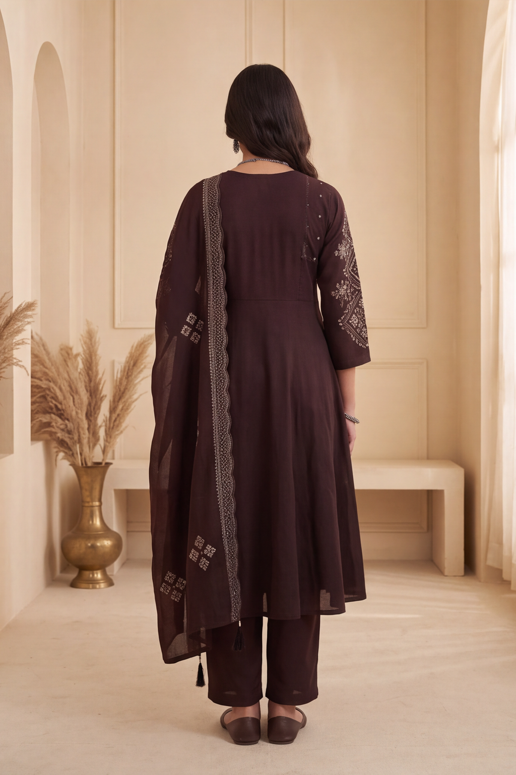 Espresso Brown Silk Blend Anarkali Kurti Set with Embroidered Yoke &amp; Dupatta