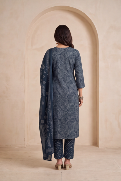 Indigo Blue Botanical Print Cotton Kurti Set with Bandhani Trousers &amp; Dupatta