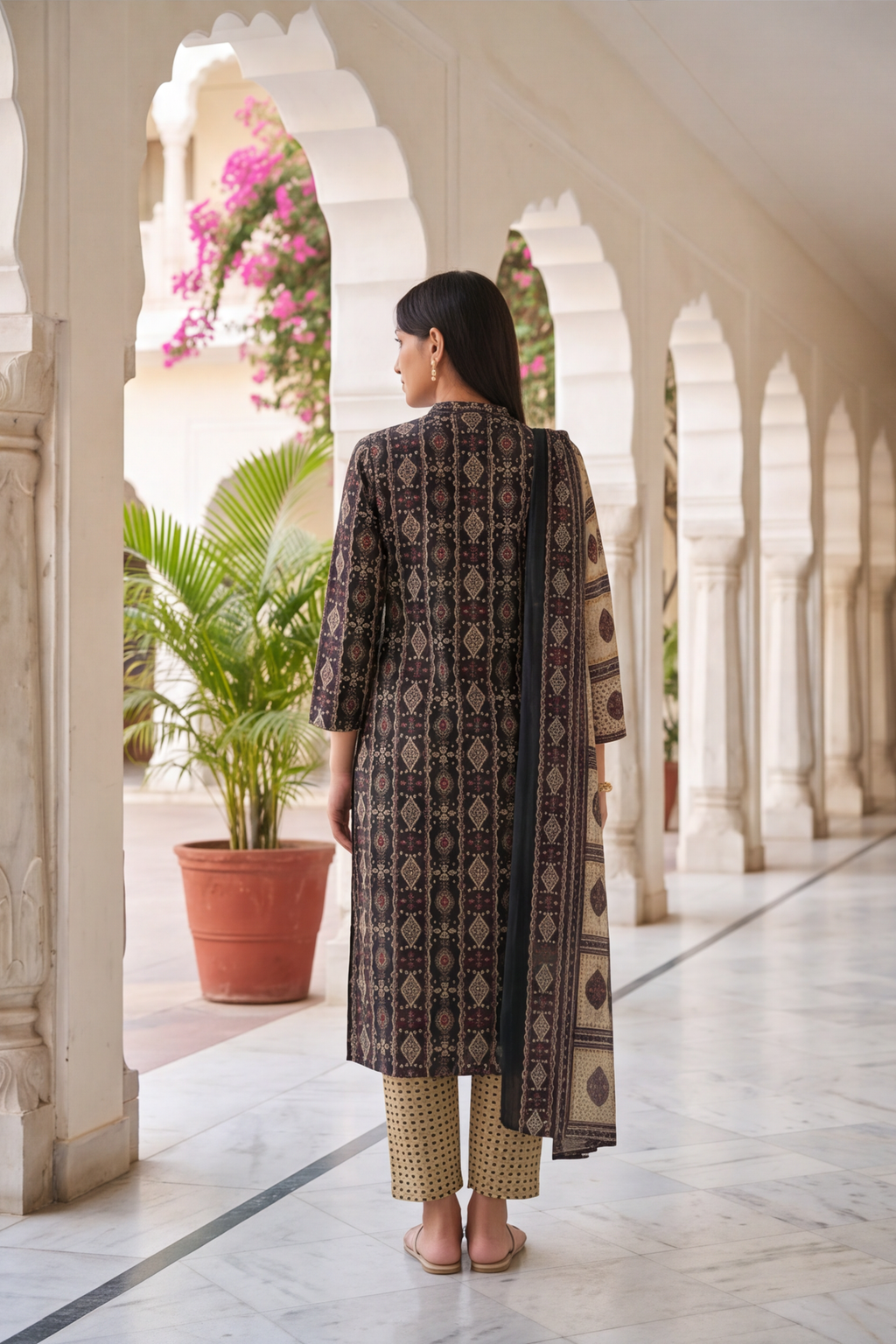 Charcoal Black Ajrakh Print Cotton Kurti Set with Beige Printed Pants &amp; Dupatta