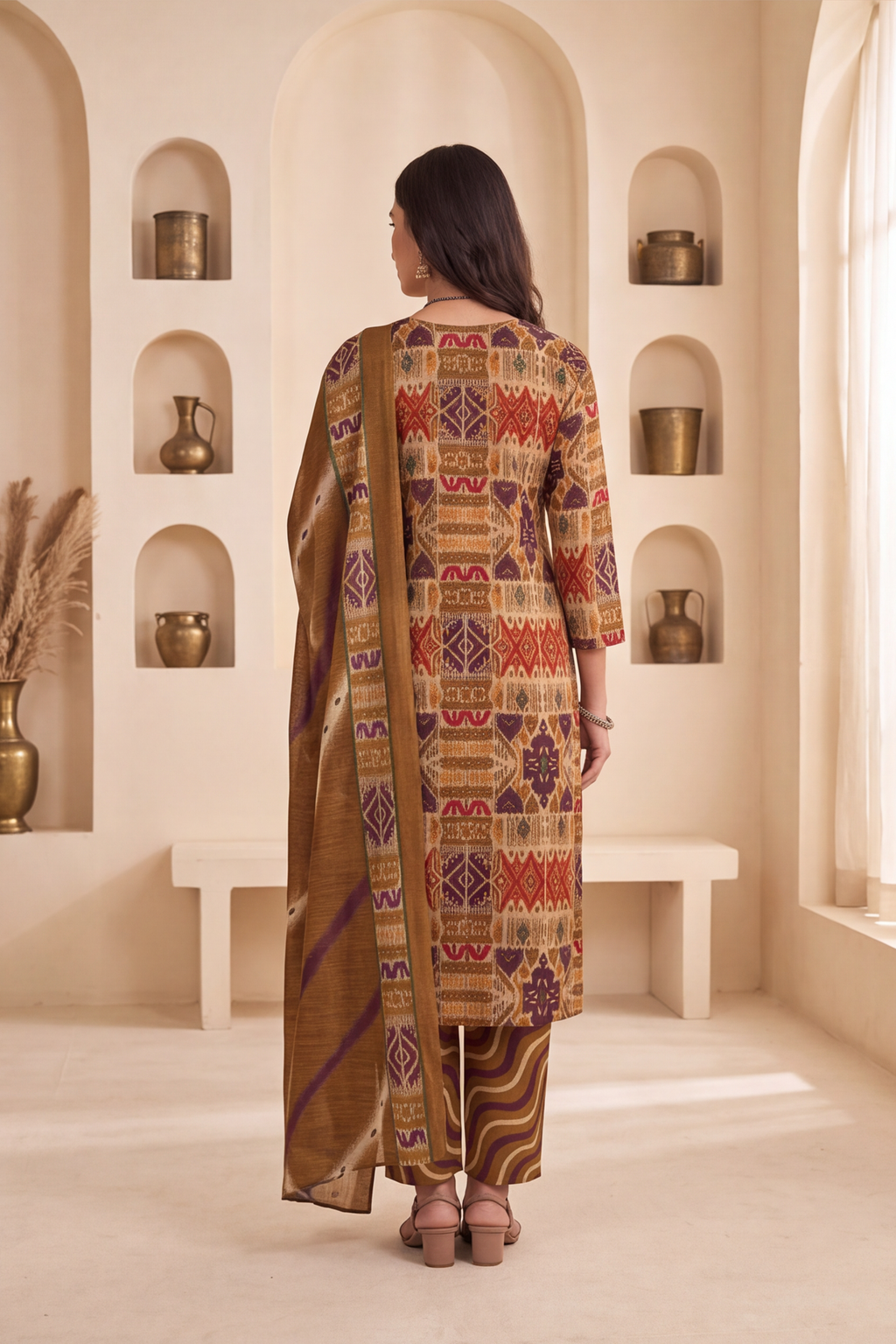 Mustard Ochre Ikat Geometric Print Cotton Kurti Set with Wave Printed Trousers &amp; Dupatta